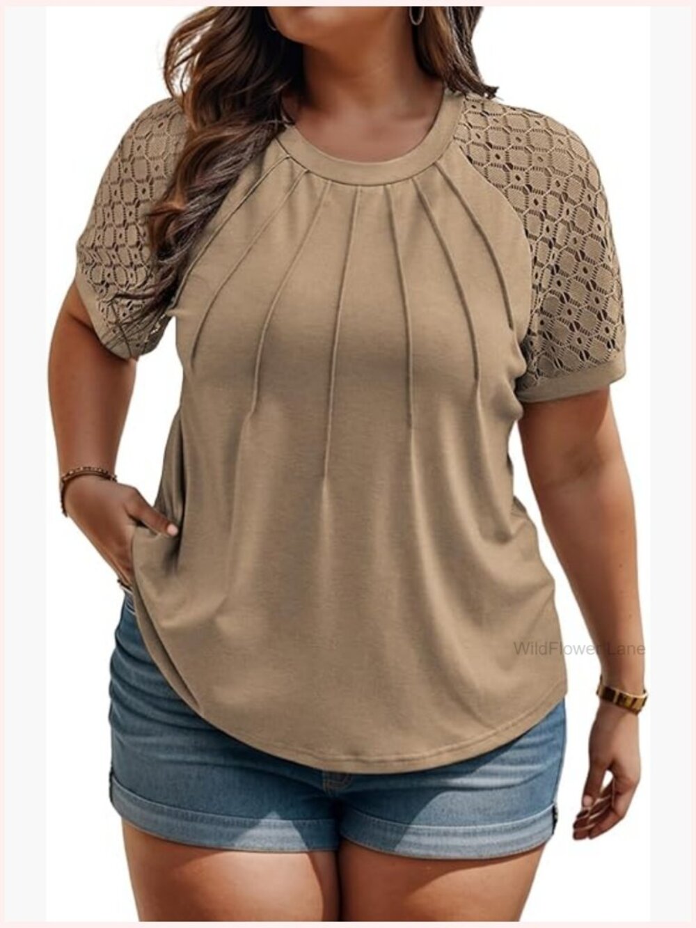 Plus Size Tunic Top for Women Short Sleeve Lace Raglan